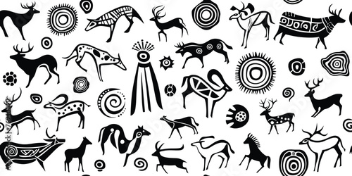 Seamless petroglyph pattern, rock paintings, isolated on white background, vector design
