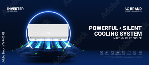 Horizontal ad banner of air conditioner. Realistic vector illustration with air conditioner on podium with neon circle. Modern split system climate control for home. Product mockup concept.