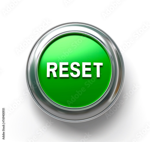 Green RESET button on white background. 3D rendering of a vibrant green button with the word RESET prominently displayed, isolated on a white surface