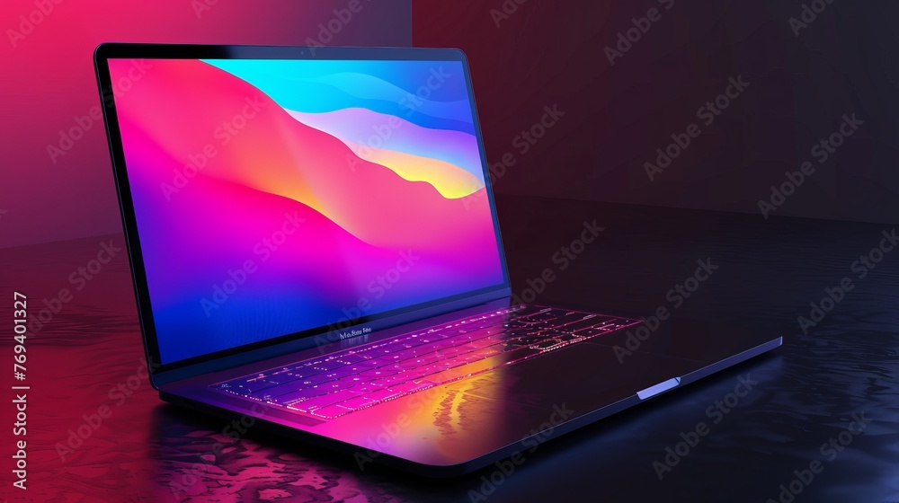 Vibrant abstract laptop display on dark background - technology concept Vibrant abstract laptop display on dark background - technology concept