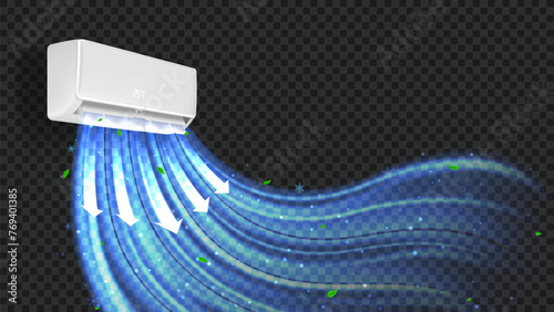 Air conditioner isolated on checkered background. Realistic vector illustration with air conditioner with cold fresh air wind wave with leaves. Modern split system mockup concept.