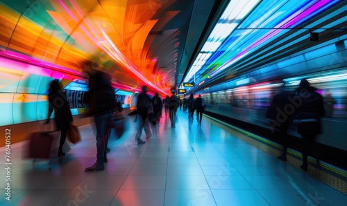 Commuters silhouettes in subway station at rush hour with abstract colorful light trails