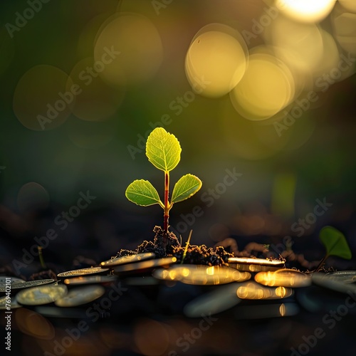 A seedling growing from a pile of coins in soft morning light representing growth from investment