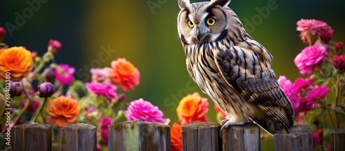A majestic owl with feathers perched on a wooden post amidst beautiful flowers in nature. Its sharp beak and keen eyes blend in with the terrestrial animals and plants around © pngking