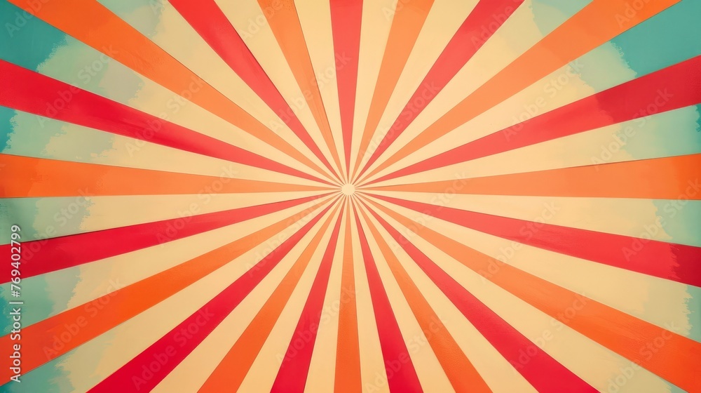 Fototapeta premium A vibrant sunburst pattern in red, orange, and blue colors creating a geometric design on a backdrop, background, wallpaper, retro colors