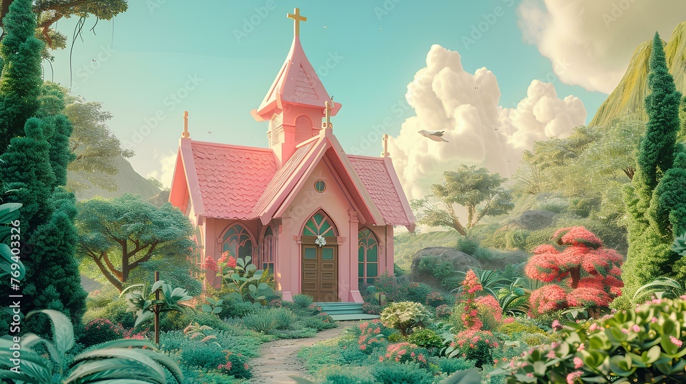 illustration of a church in a soft pastel color