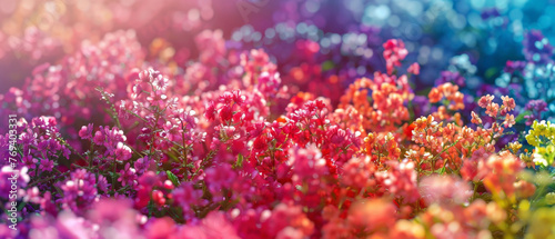 A vibrant garden bursting with flowers of all colors, creating a splendid gradient from the ground up, captured in high-definition to showcase its mesmerizing vibrancy.