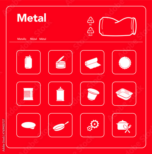Ready sets of icons for separating metal waste in one colour. Vector elements are made with high contrast, one coloured, well suited to different scales. Ready for use in your design. EPS10.