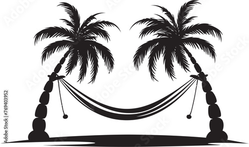 Tropical Haven Hammock Between Twin Coconut Trees, Black Emblem Design Coco Cove Comfort Hammock Strung Between Coconut Palms, Iconic Vector Symbol
