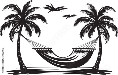Coco Cove Comfort Hammock Strung Between Coconut Palms, Iconic Vector Symbol Island Oasis Hammock Swinging Between Two Palm Trees, Black Logo Icon
