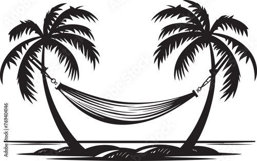 Coco Cove Comfort Hammock Tied Between Coconut Trees, Vector Black Emblem Paradise Perch Hammock Hanging Amidst Coconut Palms, Black Iconic Logo