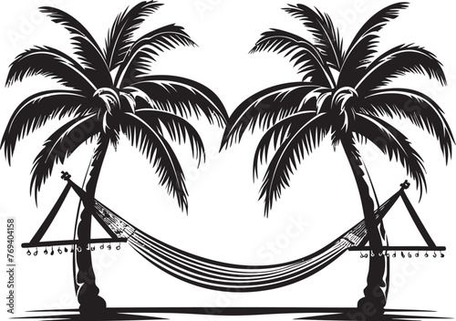 Seaside Serenity Hammock Between Coconut Palms, Vector Black Logo Tropical Haven Hammock Swaying Between Two Palm Trees, Black Emblematic Icon