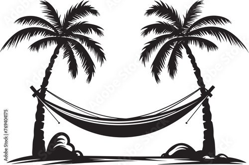 Seaside Serenity Hammock Between Coconut Palms, Vector Black Logo Tropical Haven Hammock Swaying Between Two Palm Trees, Black Emblematic Icon