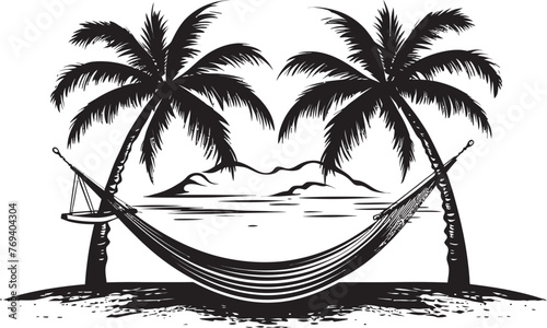 Island Escape Hammock Draped Across Palm Trees, Black Iconic Emblem Seaside Serenity Hammock Between Coconut Palms, Vector Black Logo