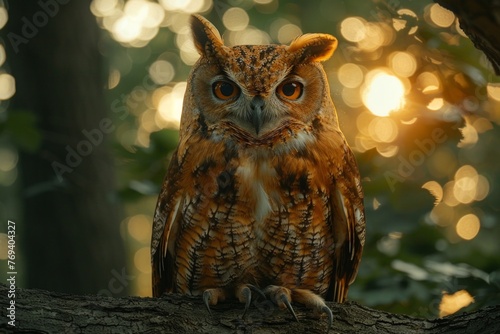 Majestic owl perched on a moonlit tree branch  surveying its surroundings with intense focus and presence.