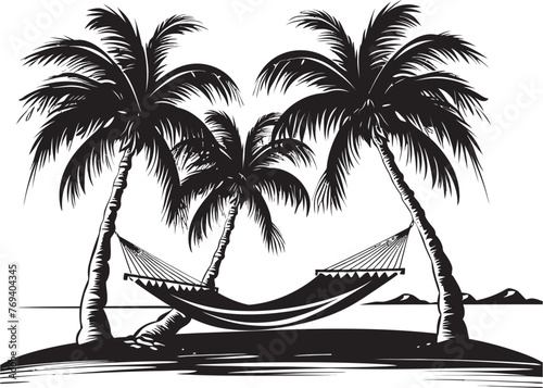 Tropical Oasis Hammock Swaying in Coconuts, Vector Emblematic Logo Coco Canopy Comfort Hammock Between Two Palms, Black Iconic Symbol