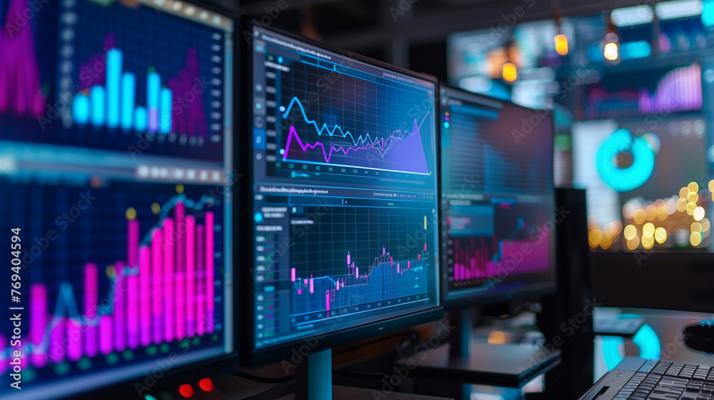 business data statistics or stock market analysis display on computer screens 