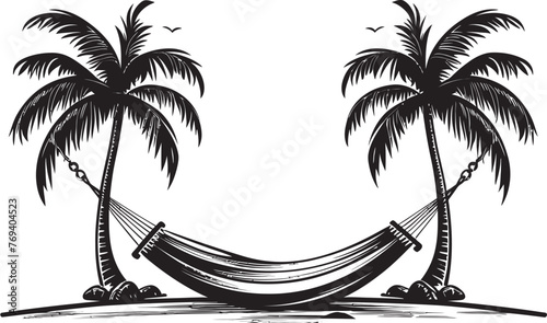 Seaside Sanctuary Hammock Tied Between Palm Trees, Iconic Emblem Palm Haven Hammock Between Two Coconut Trees, Black Vector Logo