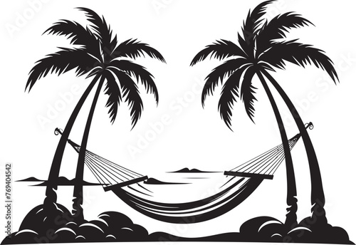 Tropical Bliss Hammock Swaying Amidst Palm Trees, Iconic Symbol Coco Comfort Hammock Tied to Twin Coconut Trees, Vector Black Emblem