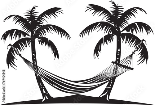 Seashore Serenity Hammock Draped Across Coconut Trees, Black Vector Icon Coastal Haven Hammock Between Two Coconut Trees, Iconic Black Emblem
