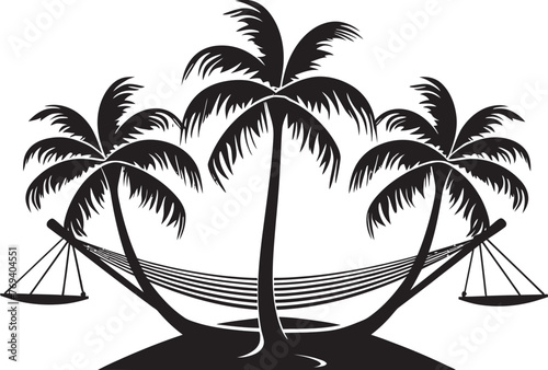 Coastal Haven Hammock Between Two Coconut Trees, Iconic Black Emblem Palm Perch Hammock Tied to Twin Trees, Vector Emblematic Logo