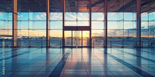 Airport terminal glass window with view of airplane, departure hall for travel and transportation concept.