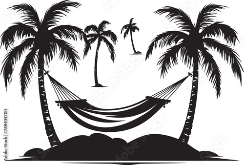 Beach Retreat Hammock Swaying in Coconuts, Black Iconic Symbol Seashore Serenity Hammock Draped Across Two Coconut Trees, Vector Black Logo