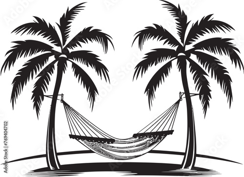 Palm Leaf Lounge Hammock Strung Amidst Coconut Trees, Vector Logo Shoreline Serenity Sling Hammock Tied to Twin Palms, Black Icon