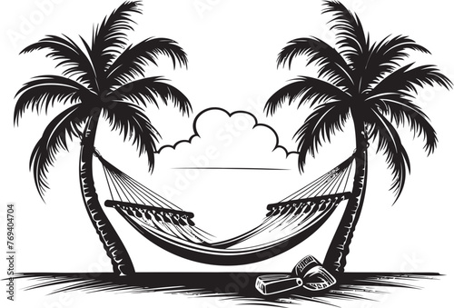 Shoreline Serenity Sling Hammock Tied to Twin Palms, Black Icon Tropical Trellis Tranquility Hammock Between Coconut Trees, Emblematic Logo