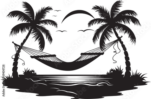 Tropic Treasure Trove Hammock Hung Between Twin Coconut Trees, Iconic Vector Icon Palmside Paradise Pod Hammock Between Coconut Trees with Black Emblem
