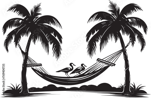 Seaside Serenade Swing Hammock Tied Between Coconut Trees, Black Logo Tropic Treasure Trove Hammock Hung Between Twin Coconut Trees, Iconic Vector Icon