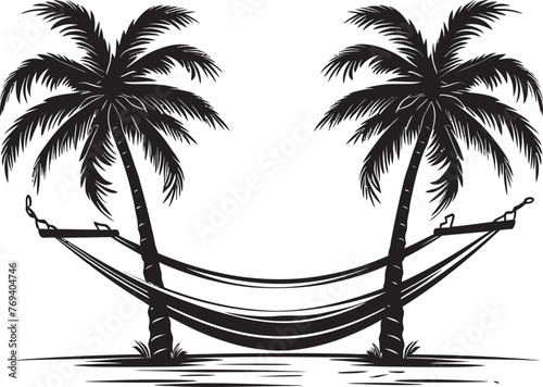 Island Idyll Interlude Hammock Swinging Amidst Coconut Trees, Emblematic Icon Tropic Tranquility Terrace Hammock Between Twin Coconut Trees, Black Emblem