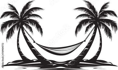 Coastal Cove Chill Hammock Swaying Among Coconut Palms with Black Emblem Oceanfront Oasis Oasis Hammock Tied to Twin Palm Trees, Vector Icon