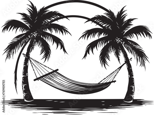 Paradise Perch Hammock Draped Across Coconut Trees with Iconic Logo Seaside Serenity Hammock Strung Between Coconut Palms, Black Vector Icon