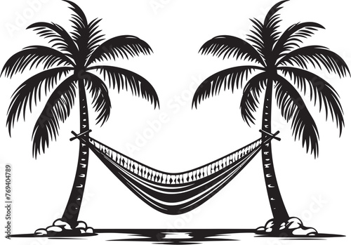 Palm Frond Perch Hammock Tied Between Two Palms, Vector Logo Beachside Bliss Bower Hammock Hung Between Coconut Trees, Iconic Symbol