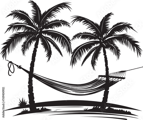 Coco Cove Comfort Hammock Between Two Coconut Trees with Black Vector Logo Palm Retreat Haven Hammock Tied Between Palm Trees, Emblematic Black Icon