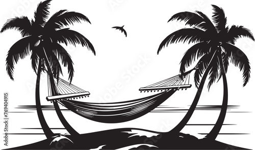 Island Paradise Perch Hammock Draped Across Coconut Trees with Vector Emblem Seaside Swing Sanctuary Hammock Swinging Between Two Palm Trees, Iconic Logo