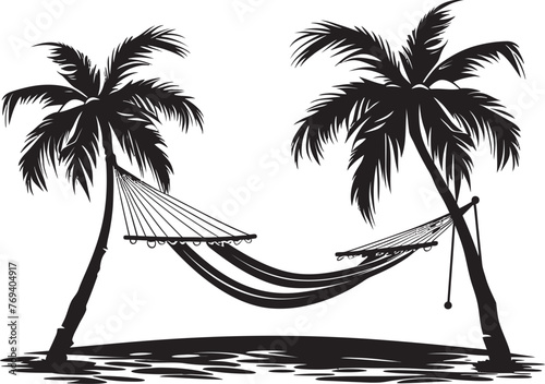 Palm Retreat Haven Hammock Tied Between Palm Trees, Emblematic Black Icon Island Paradise Perch Hammock Draped Across Coconut Trees with Vector Emblem