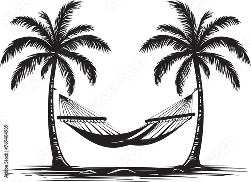 Seaside Serenity Swing Hammock Hung Between Coconut Trees, Iconic Vector Logo Tropical Tranquility Terrace Hammock Swaying Between Two Palm Trees, Black Emblem