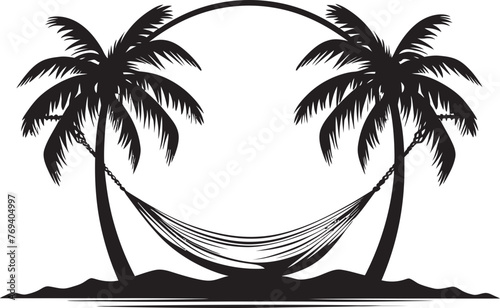 Tropical Tranquility Terrace Hammock Tied to Twin Coconut Trees with Iconic Vector Symbol Coco Cove Comfort Hammock Swaying Between Palm Trees, Black Emblematic Logo