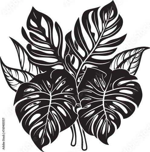 Exotic Leaf Elegance Large Leaves, Iconic Black Vector Jungle Canopy Opulence Grand Tropical Leaves, Emblematic Icon Design