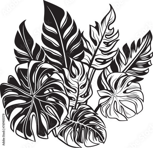 Tropical Leaf Majesty Large Leaves, Black Vector Design Exotic Leaf Extravaganza Grand Tropical Foliage, Emblematic Icon