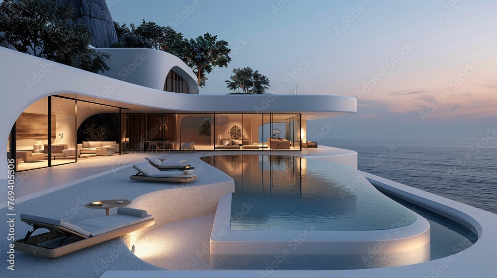 Fototapeta premium Modern Luxury Villa with Infinity Pool at Sunset