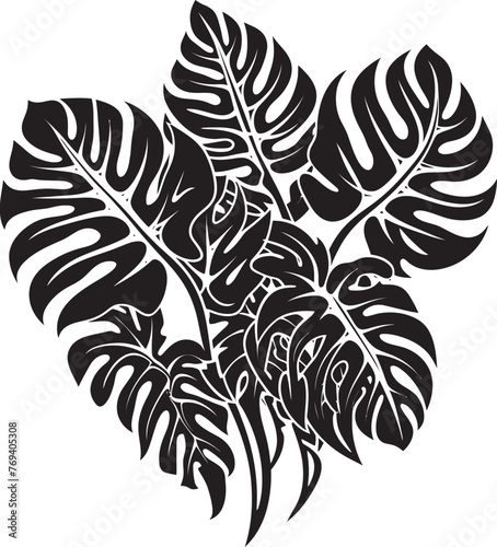 Tropical Leaf Serenity Large Tropical Leaves, Black Icon Emblem Palm Paradise Panache Oversized Foliage, Iconic Black Vector