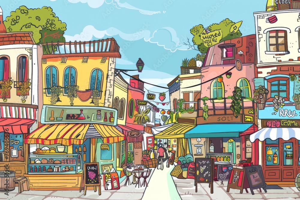 Cartoon cute doodles of a big city street lined with charming cafes, shops, and street vendors selling tasty treats and quirky souvenirs, Generative AI