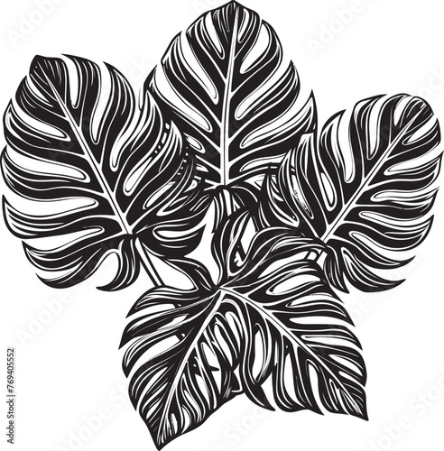 Tropical Majesty Large Leaves, Black Icon Symbol Palm Tranquility Grand Tropical Leaves, Iconic Black Emblem