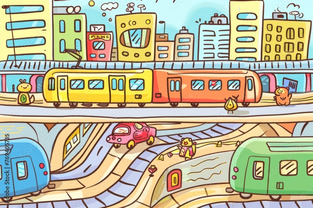 Cartoon cute doodles of a big city subway system with colorful trains chugging along, little passengers waiting on platforms, and cute critters riding the rails, Generative AI