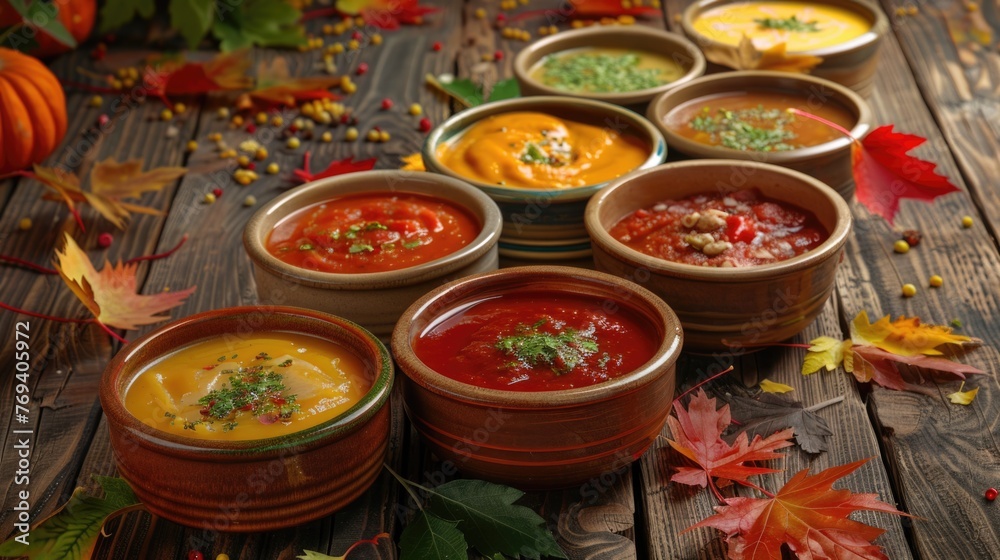 Naklejka premium Variety of autumn soups in colorful bowls. Food and gastronomy concept