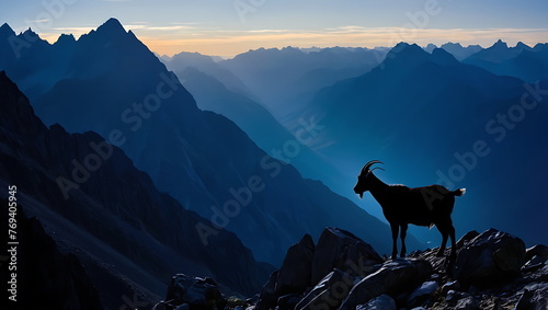 Goat Silhouette Atop Mountain Peak Amidst Nature   s Beauty