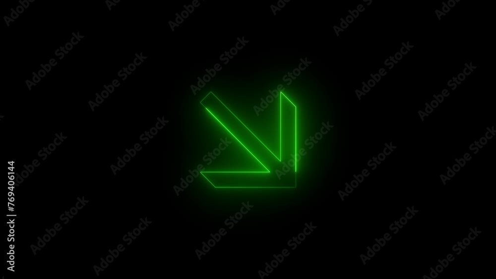 Neon glowing green color down right arrow direction icon animation black background Neon glowing green color down right arrow direction icon animation black background